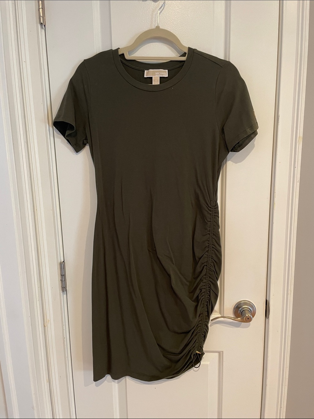 Michael Kors Olive Green Ruched Short-Sleeve Mini Dress